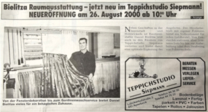 Zeitungswerbung zur Eröffnung einer Gardinenabteilung im Teppichstudio Siepann