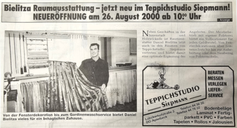 Zeitungswerbung zur Eröffnung einer Gardinenabteilung im Teppichstudio Siepann