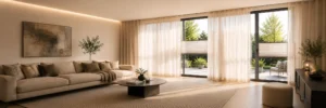 Modern gestaltetes Wohnzimmer mit maßgefertigten Gardinen und Sichtschutz von Bielitza Raumausstattung Holzwickede