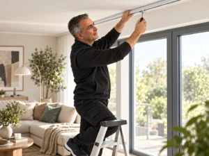 Daniel Bielitza montiert eine Vorhangschiene mit Deckenträgern über einem großen Fenster.