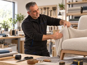 Daniel Bielitza arbeitet in der Polsterwerkstatt an der Neubeziehung eines Sessels.