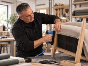 Daniel Bielitza arbeitet in der Polsterwerkstatt an der Neubeziehung eines Sessels.