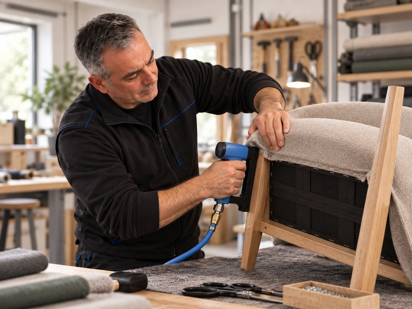 Daniel Bielitza arbeitet in der Polsterwerkstatt an der Neubeziehung eines Sessels.