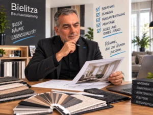 Daniel Bielitza am Planungstisch mit Stoffmustern und Konzeptzeichnungen für individuelle Raumgestaltung.