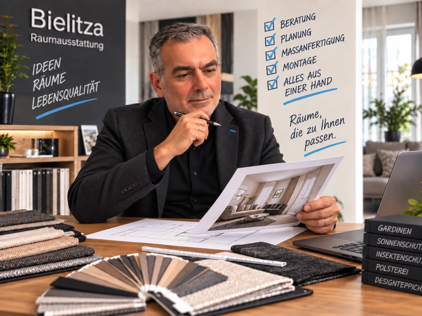 Daniel Bielitza am Planungstisch mit Stoffmustern und Konzeptzeichnungen für individuelle Raumgestaltung.